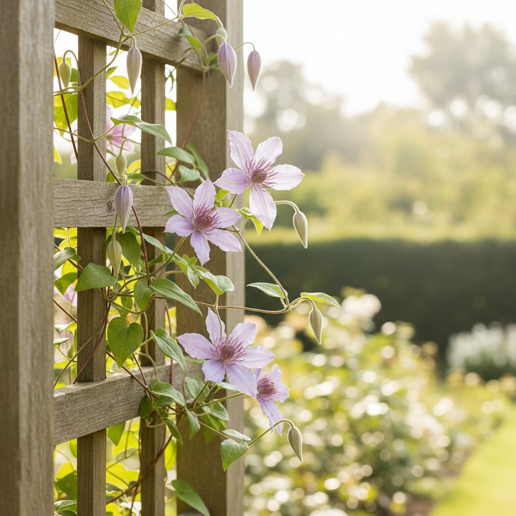 Vining clematis flowers, soft violet, garden trellis background, delicate and climbing