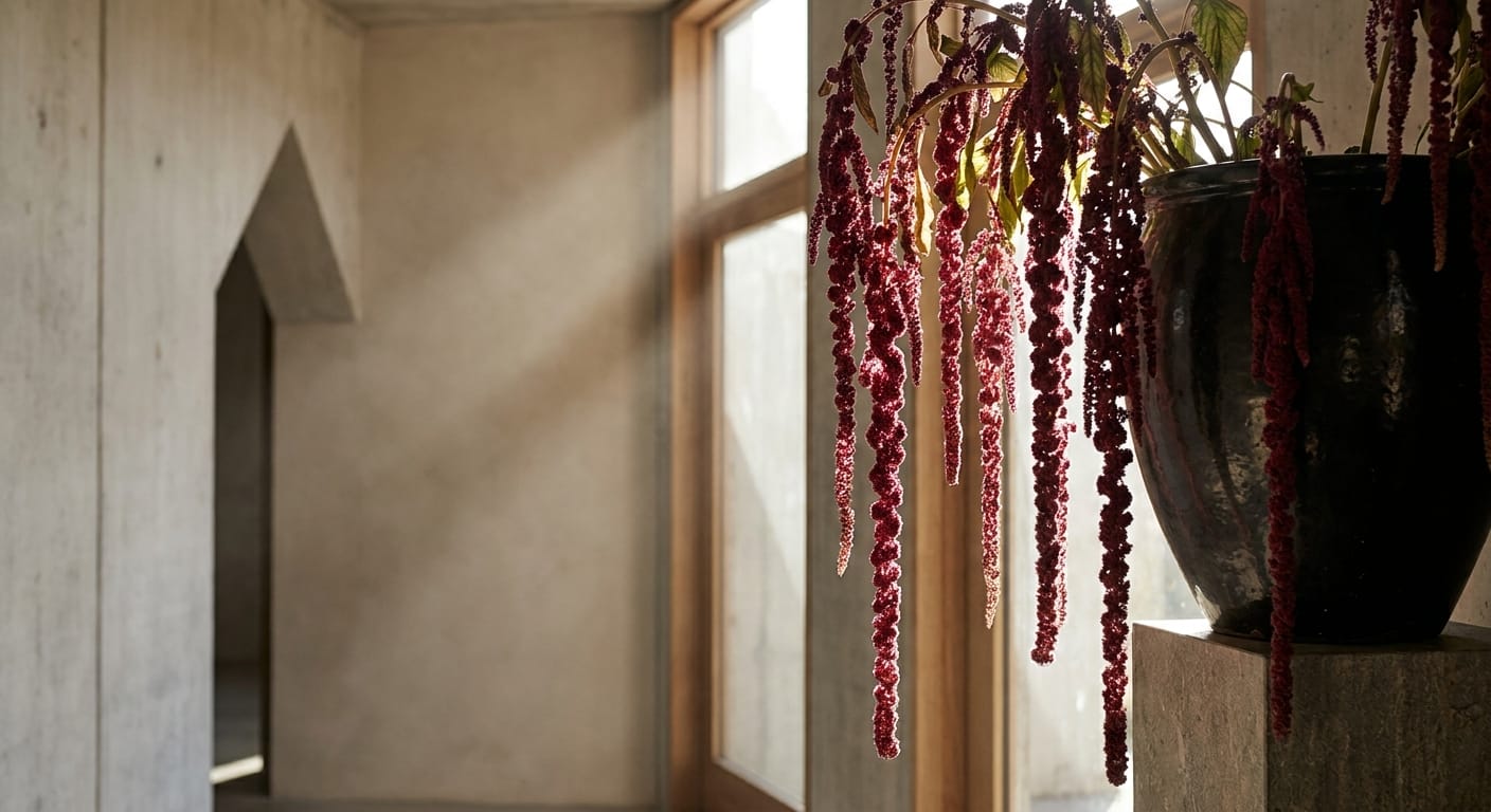 Long, cascading strands of deep red amaranthus, dramatic lighting, architectural, bold