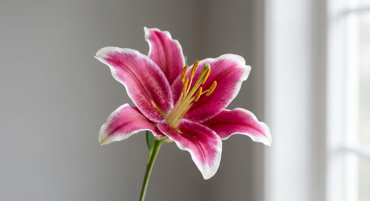Stargazer lily with deep pink petals and white edges, bright yellow stamen, studio background, elegant and dramatic