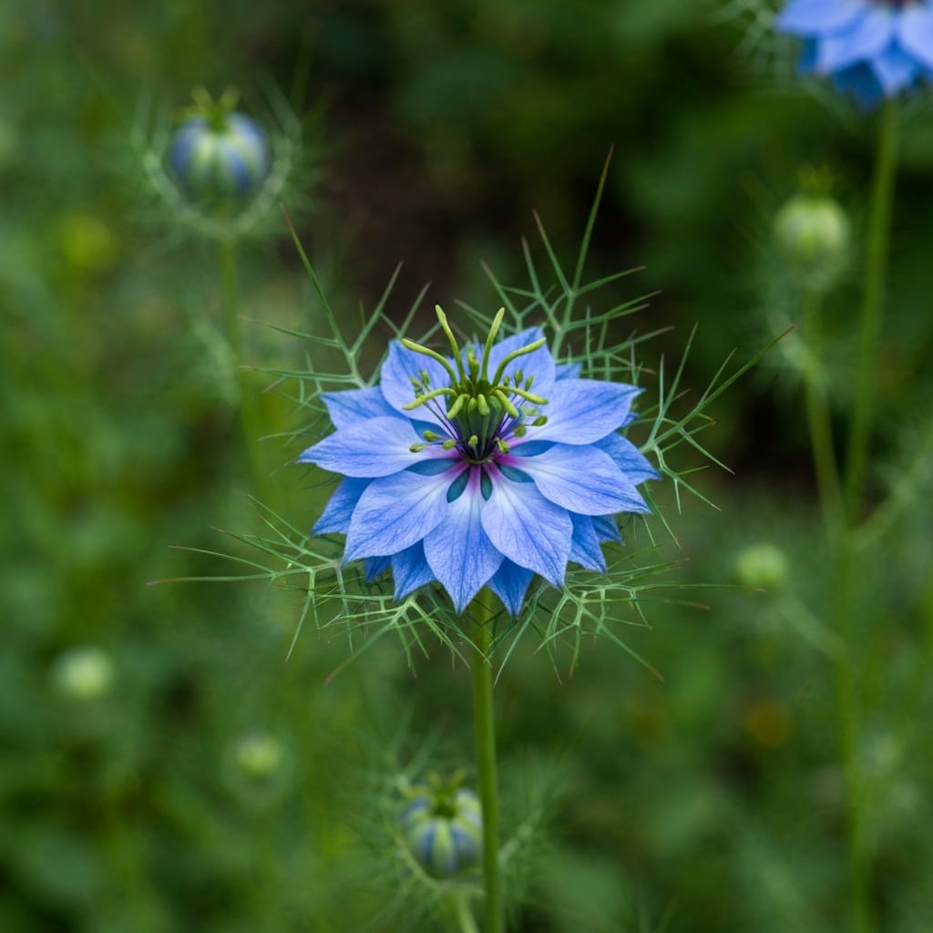 Unique blue nigella flower with feathery foliage, garden setting, macro photography, whimsical