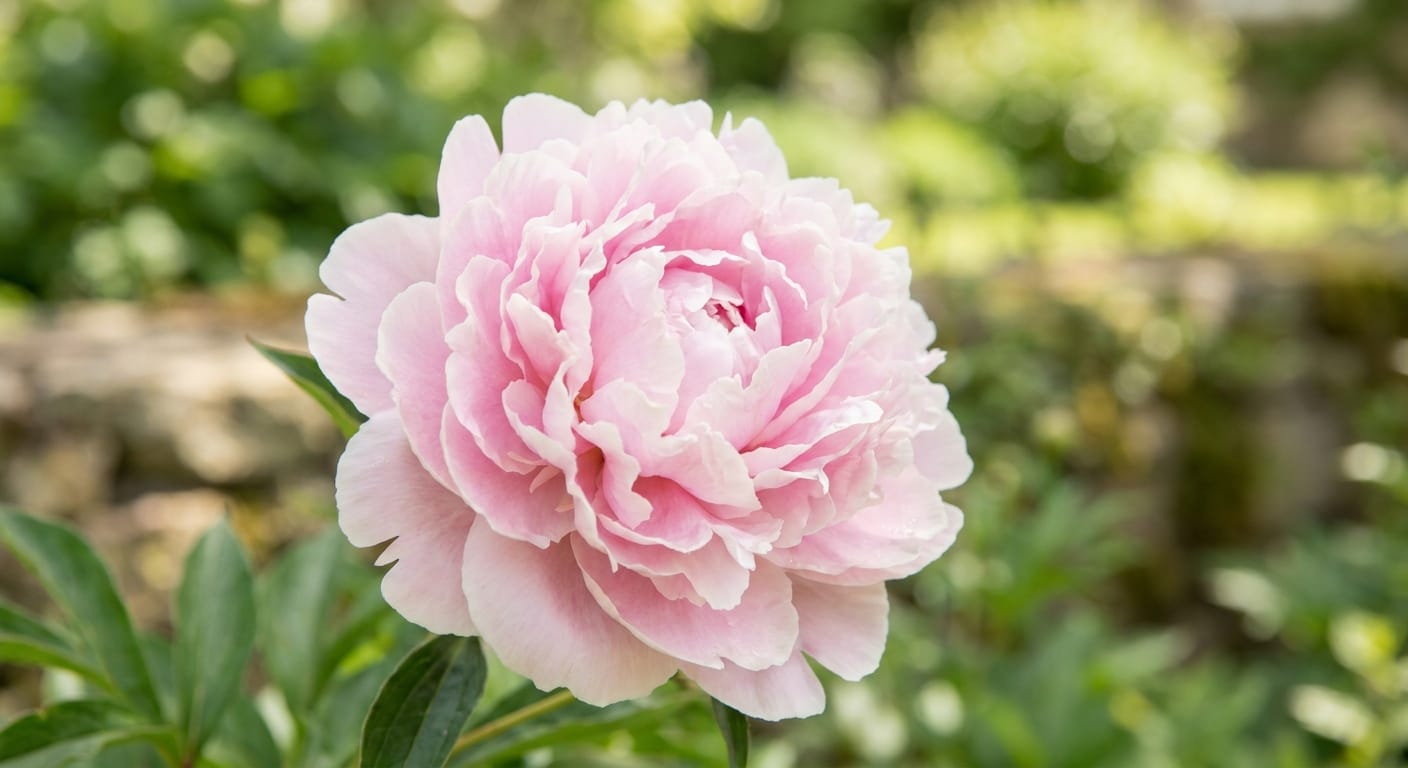 Soft pink peony in full bloom, lush petals, blurred green garden background, shallow depth of field, romantic aesthetic
