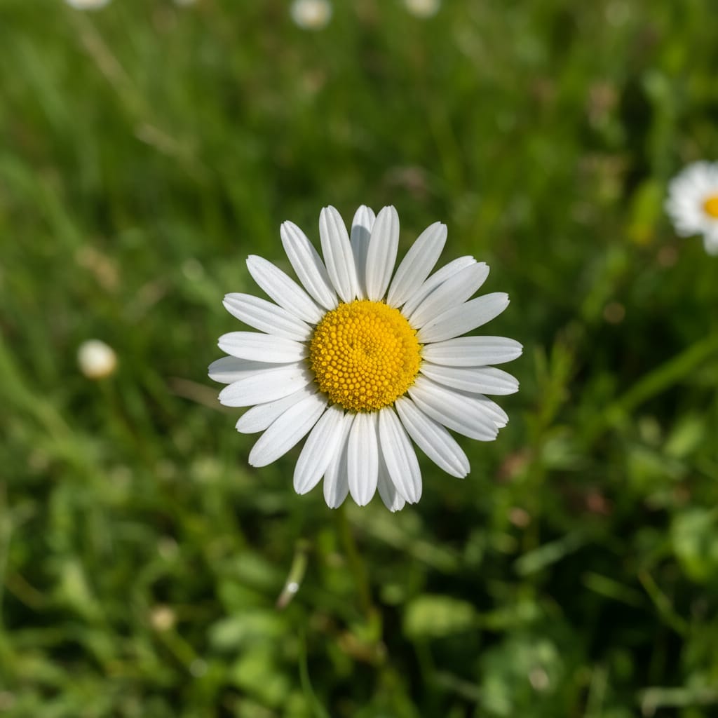 Classic white daisy with a bright yellow center, green meadow background, soft natural light, simple and fresh