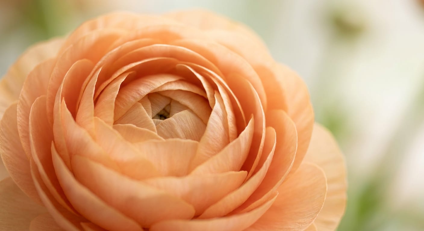 Intricate, layered peach ranunculus flower, macro shot, soft studio lighting, delicate and ethereal