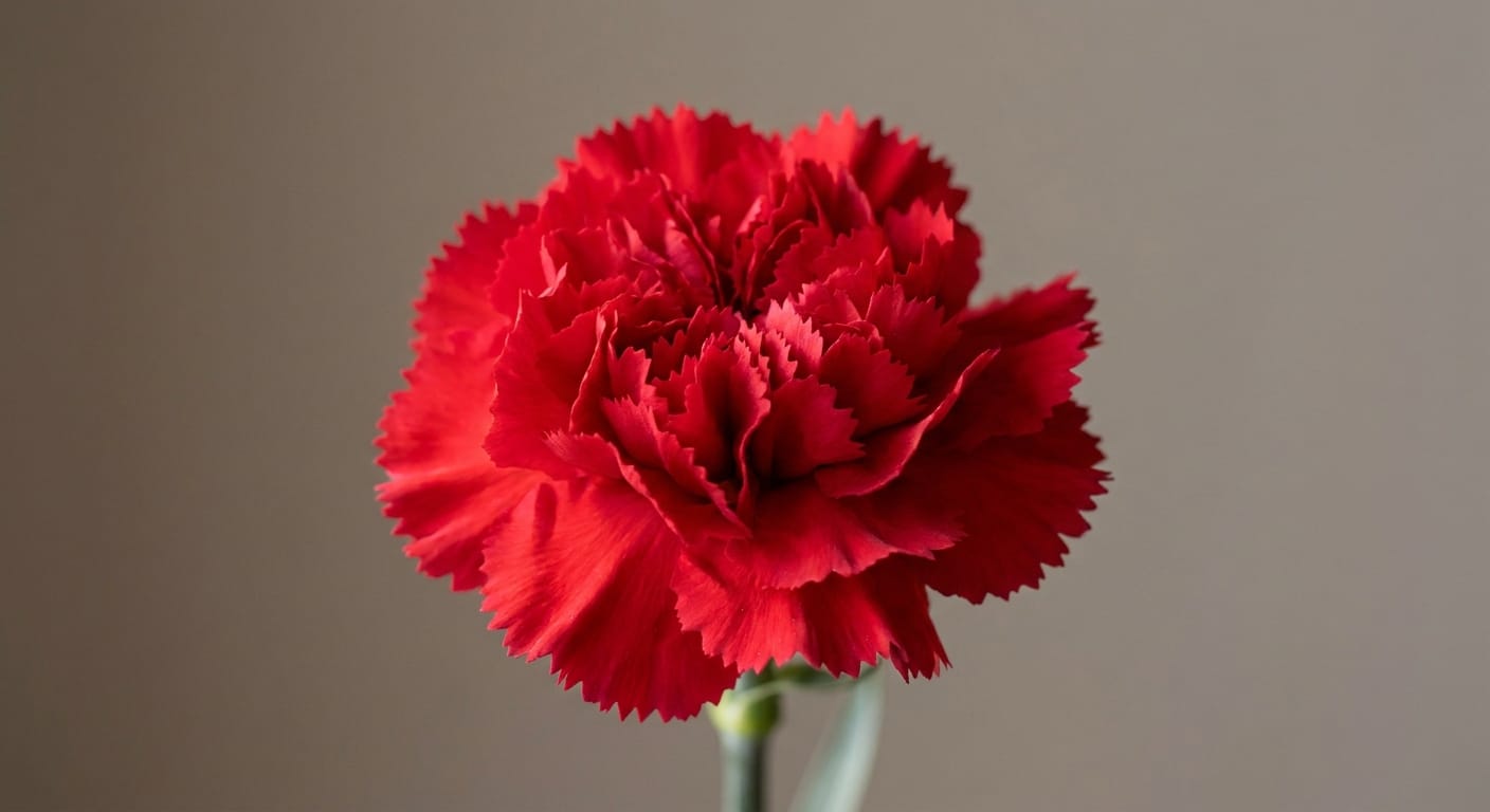 Vibrant red carnation with ruffled edges, close-up, sharp detail, neutral background, classic florist staple