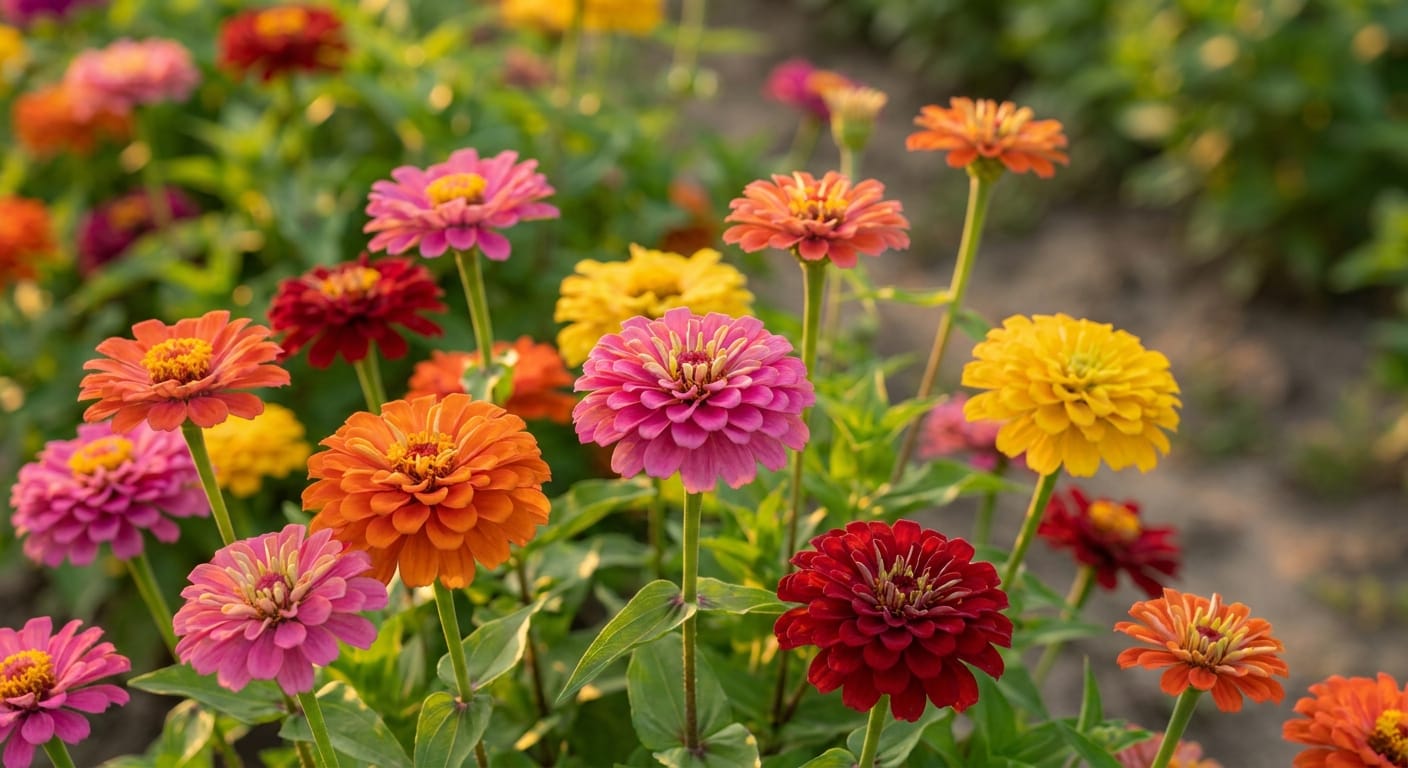 Close-up of vibrant, multi-colored Zinnia 'Benary's Giant' blooms in a garden bed, soft focus background, warm golden hour lighting, sharp details on petal texture