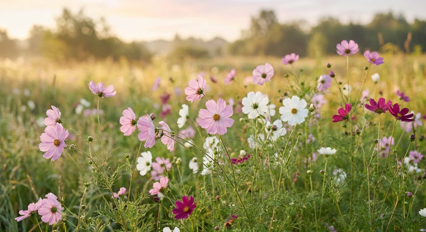 Delicate, airy Cosmos bipinnatus flowers in shades of pink, white, and magenta swaying in a light breeze, natural outdoor setting, soft morning light, shallow depth of field