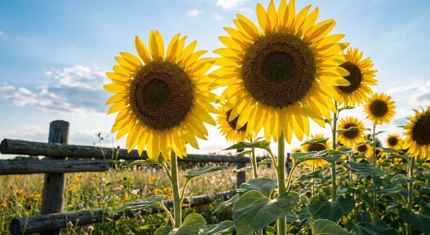 Tall, majestic single-stem sunflowers reaching toward a bright blue sky, low angle shot, vibrant yellow petals, rustic wooden fence in the background, cinematic lighting