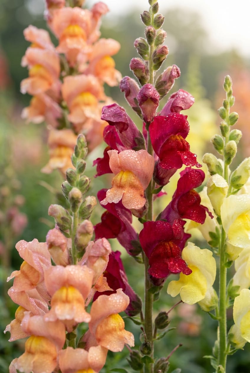 Vertical stalks of colorful snapdragon flowers in shades of peach, crimson, and yellow, close-up macro photography, dew drops on petals, soft morning light