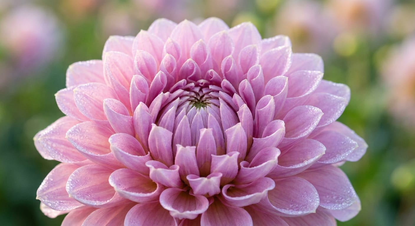 Close-up of a stunning, intricate dinner-plate dahlia in shades of soft pink and lavender, dew-kissed petals, soft bokeh background, professional studio-quality lighting