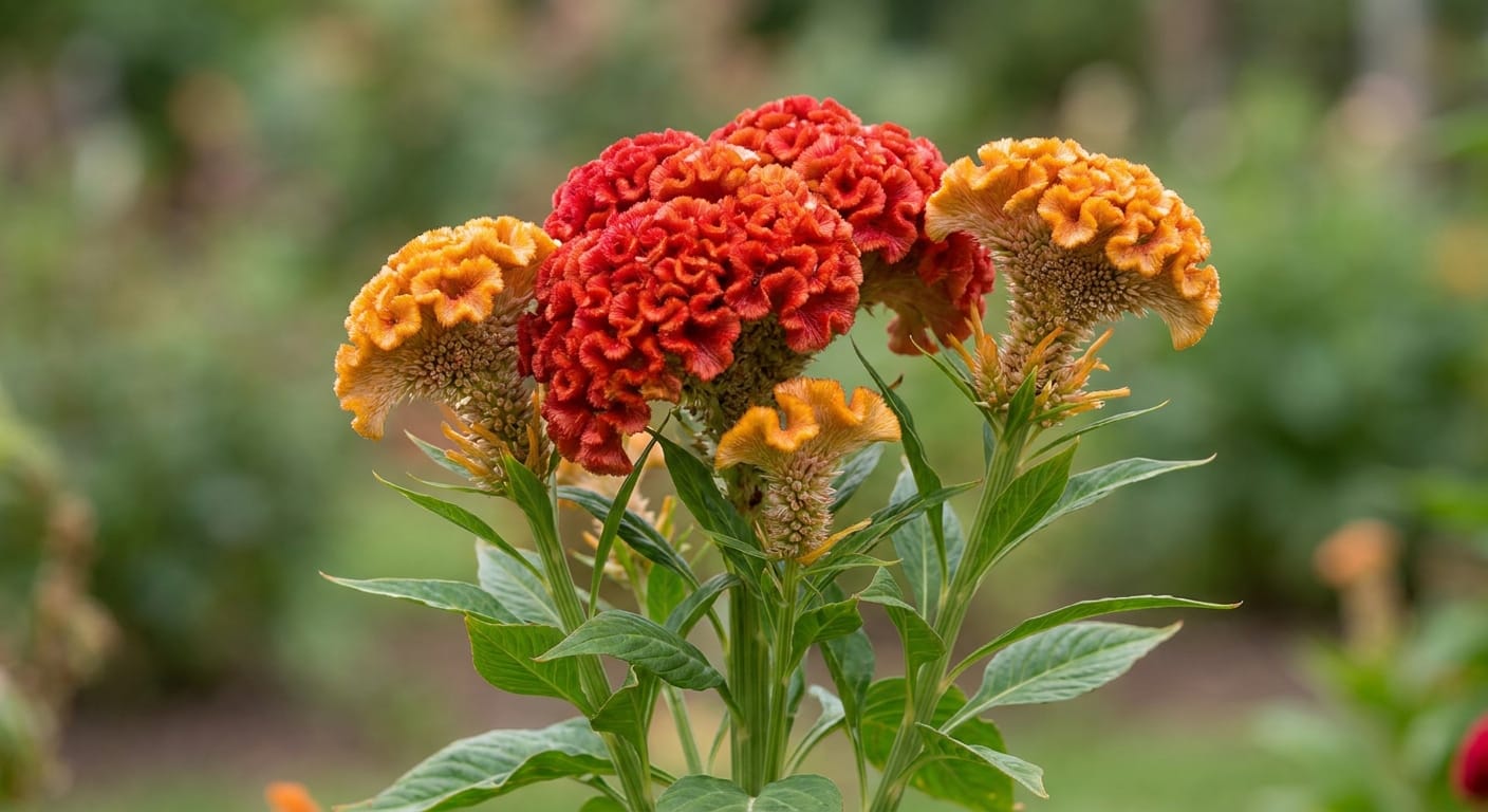Textured, vibrant red and orange cockscomb celosia, architectural plant structure, close-up shot, sharp focus, natural garden light