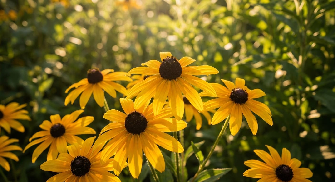 Golden-yellow Rudbeckia 'Black-Eyed Susan' flowers with dark centers, warm sunlight, soft garden background, high contrast, editorial photography