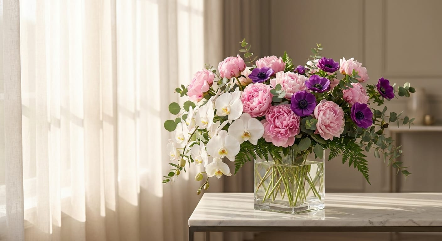 A luxurious, sprawling Valentine's Day floral arrangement featuring a mix of pink peonies, white orchids, and deep purple anemones in a modern glass vase, soft morning window light, high-end editorial photography style