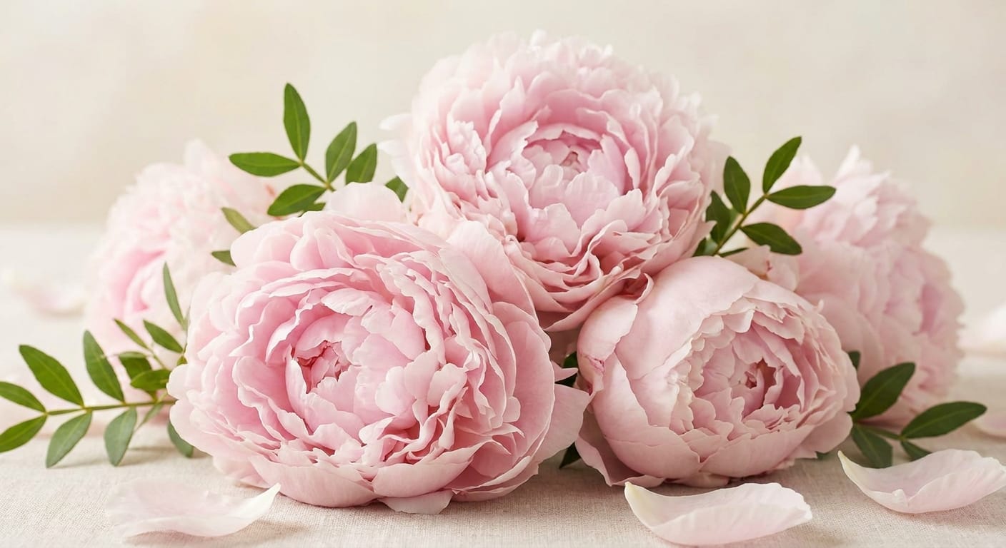 Close-up of fluffy, fully-bloomed blush pink peonies with soft, ruffled petals, studio lighting, shallow depth of field, elegant and romantic aesthetic