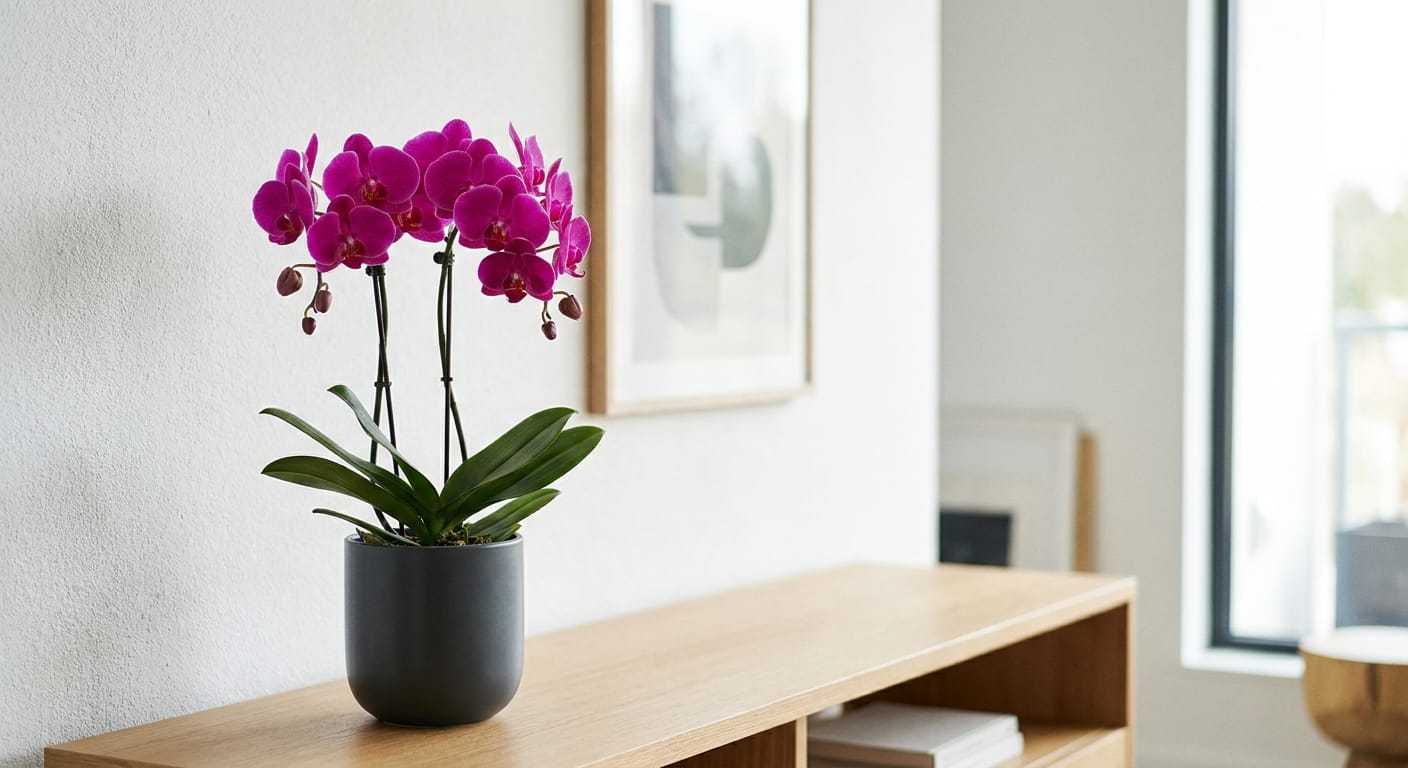 A vibrant magenta Phalaenopsis orchid plant in a sleek ceramic pot, minimalist background, crisp focus, modern interior design style