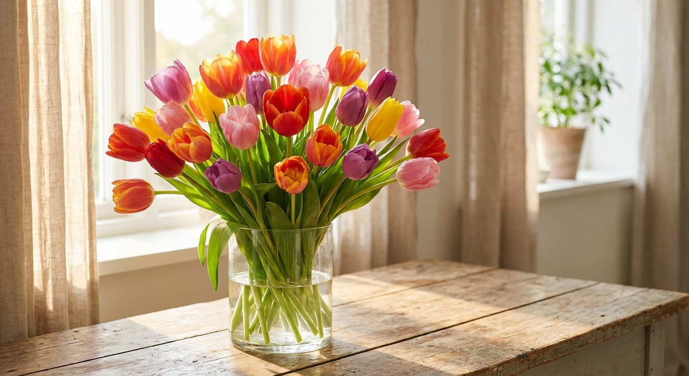 A vibrant bouquet of fresh, colorful Dutch tulips in a clear glass vase, sunlight hitting the petals, rustic wooden table background, airy and cheerful mood