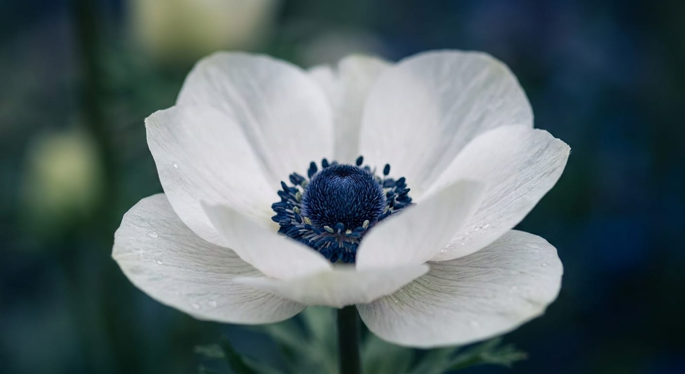 Macro shot of a white anemone flower with a deep, dark blue center and delicate petals, soft bokeh background, moody and artistic atmosphere
