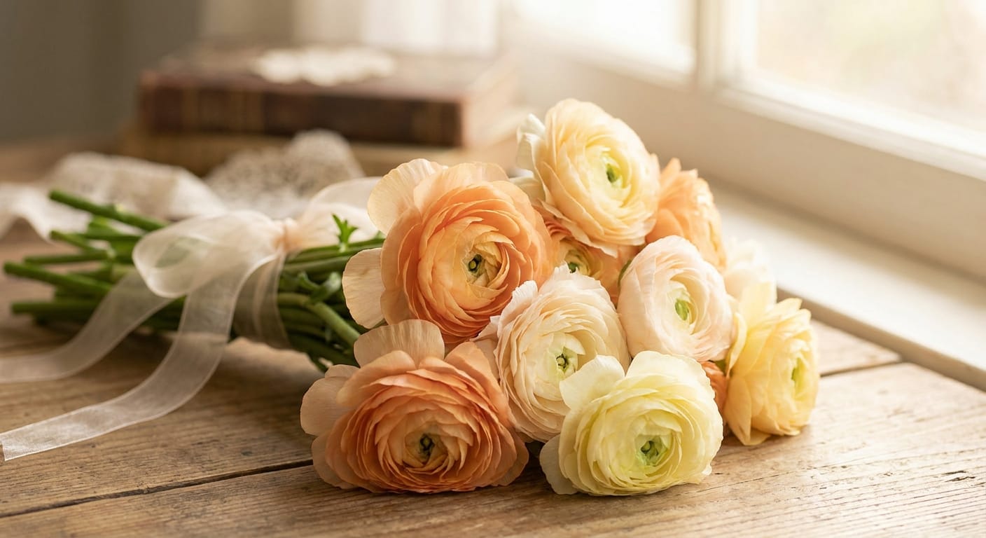 A bundle of multi-layered, pastel orange and yellow ranunculus flowers, natural daylight, soft focus, romantic and whimsical style