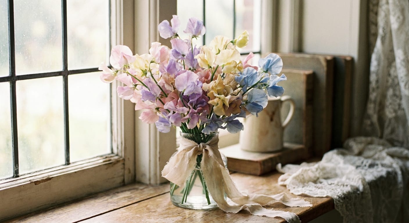 A delicate, ethereal bunch of fragrant, pastel-colored sweet peas tied with a silk ribbon, soft window light, romantic and vintage aesthetic