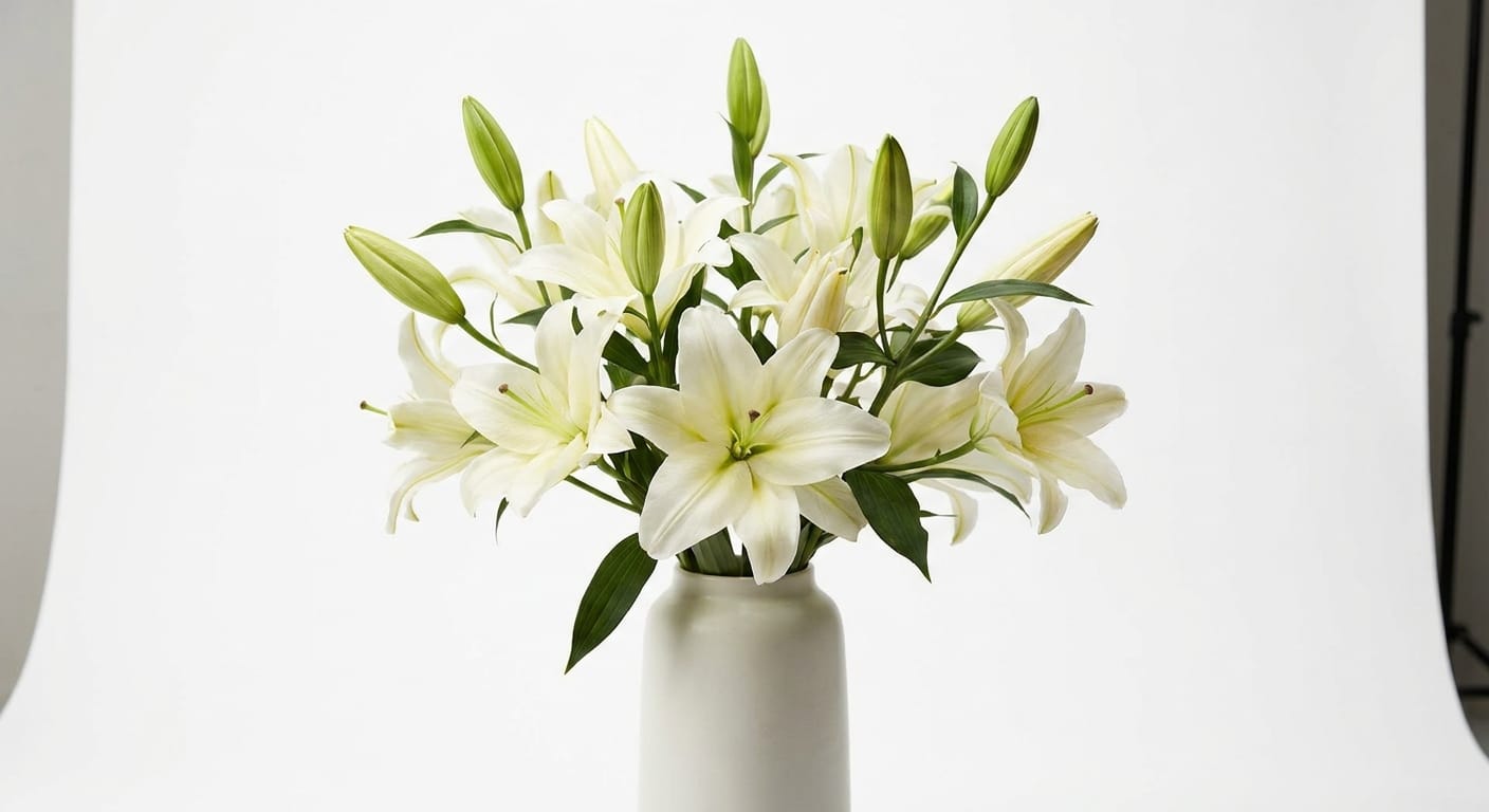 A lush bouquet of white Stargazer lilies with open blooms and buds, soft studio lighting, clean white background, elegant and dramatic composition