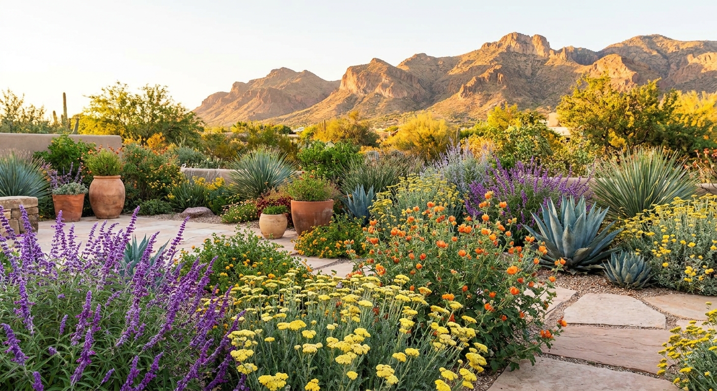 A vibrant, sun-drenched xeriscape garden featuring colorful drought-tolerant flowers in shades of purple, yellow, and orange, set against a backdrop of desert mountains during golden hour, high-resolution editorial photography