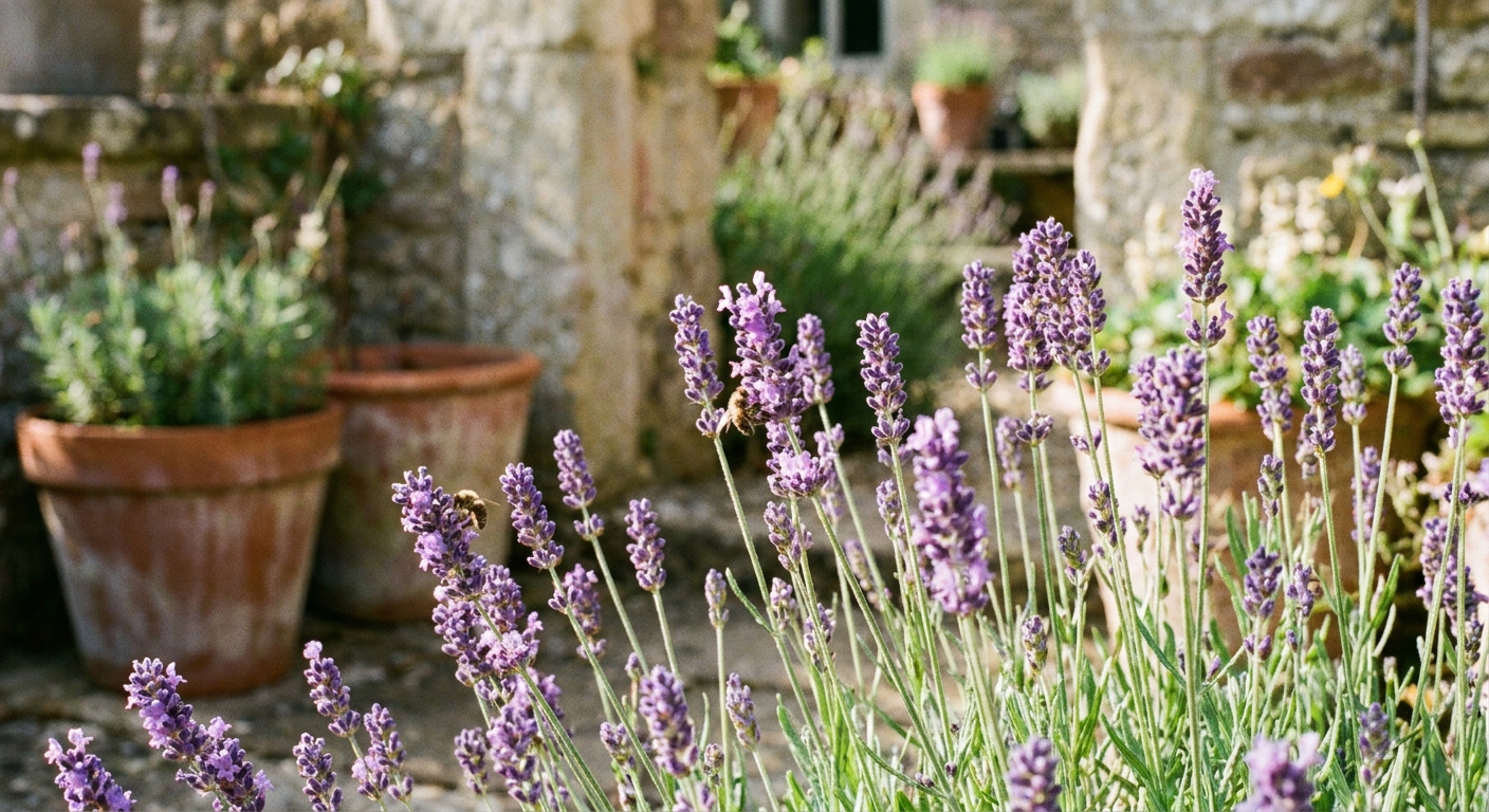 Close-up of fragrant English lavender spikes in full bloom, vibrant purple hues, soft morning sunlight, shallow depth of field, rustic garden setting