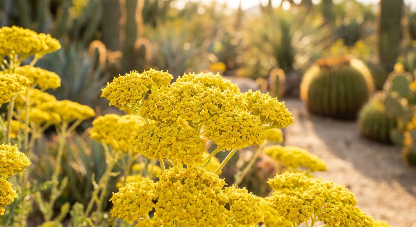 Macro shot of bright yellow yarrow flower clusters, golden light, blurred desert garden background, sharp focus, vivid colors