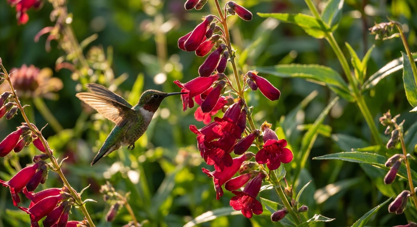 Vibrant tubular red penstemon flowers attracting a hummingbird, sun-drenched garden, dramatic lighting, sharp focus on petals