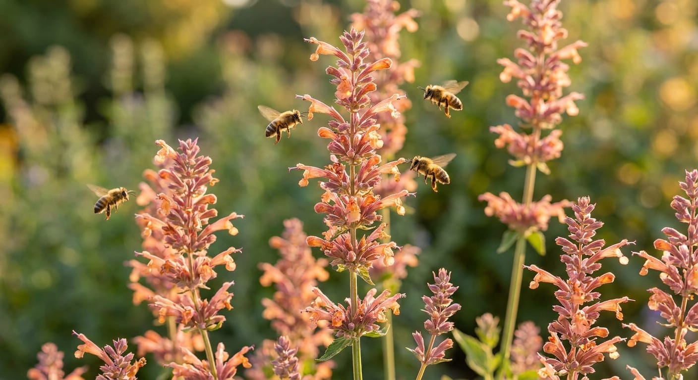 Close-up of soft orange and pink agastache flower spikes, bees hovering, warm afternoon glow, soft-focus garden background
