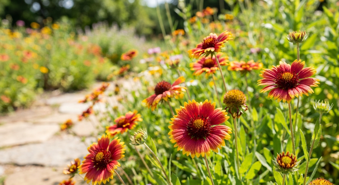 Vivid red and yellow blanket flower petals in full bloom, sunny garden landscape, high contrast, sharp details