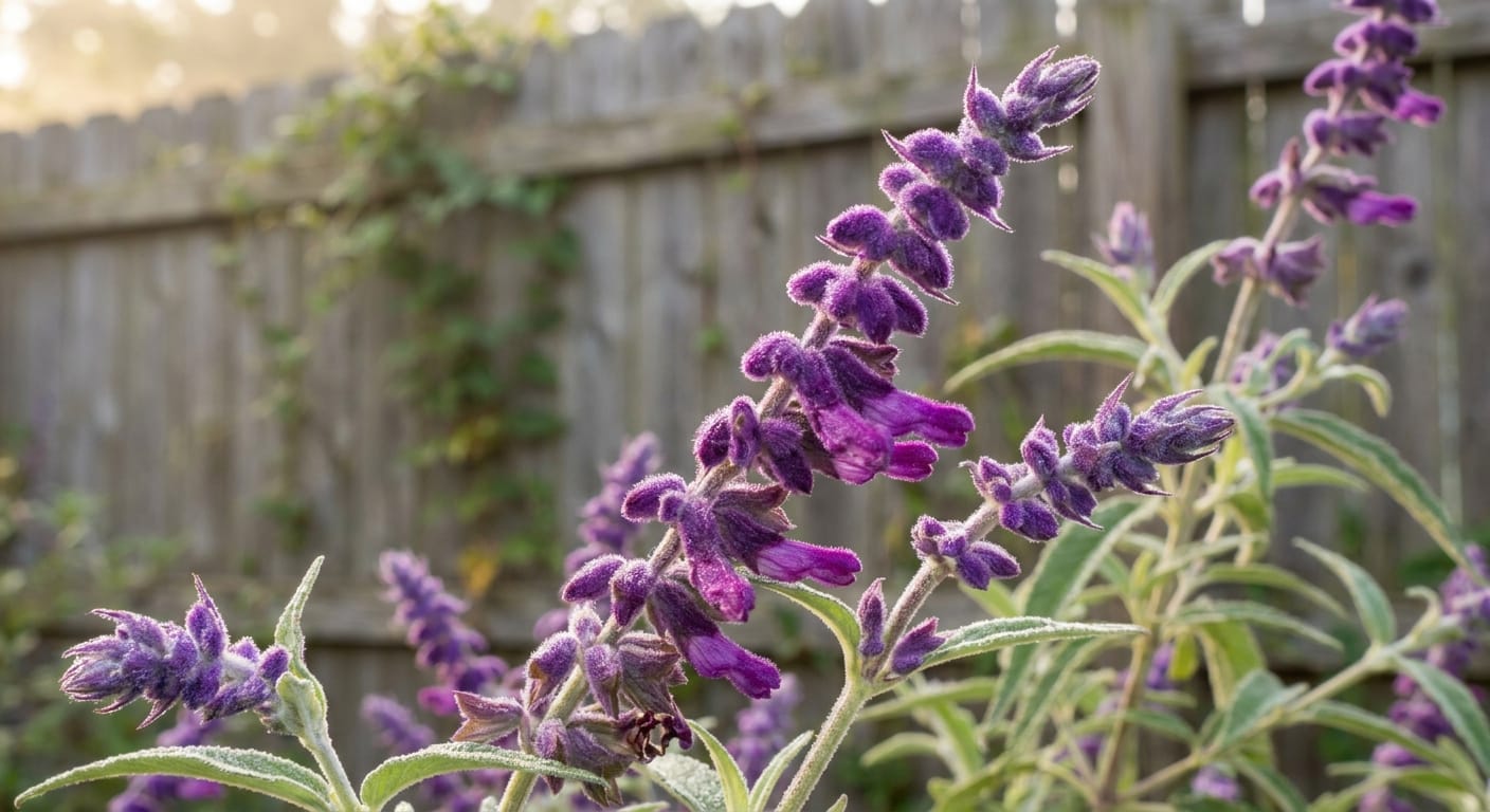 Close-up of purple velvety Mexican sage spikes, soft morning light, garden fence backdrop, vibrant textures