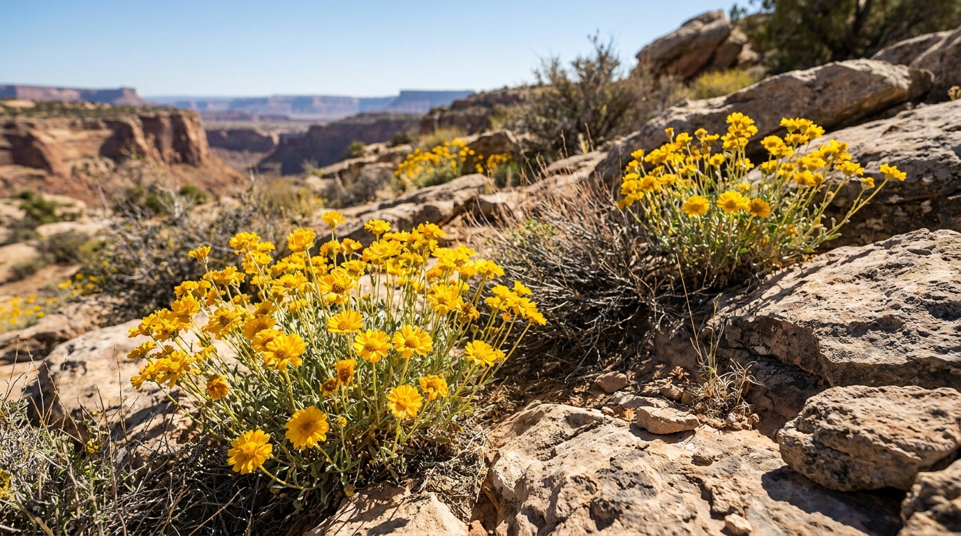 Golden yellow desert marigold flowers blooming in rocky, arid terrain, bright harsh sunlight, wide angle landscape shot