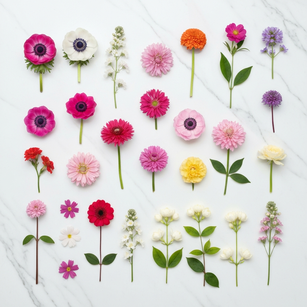 Beautiful collection of diverse flower varieties arranged in a colorful flat lay for an A-Z flower reference guide