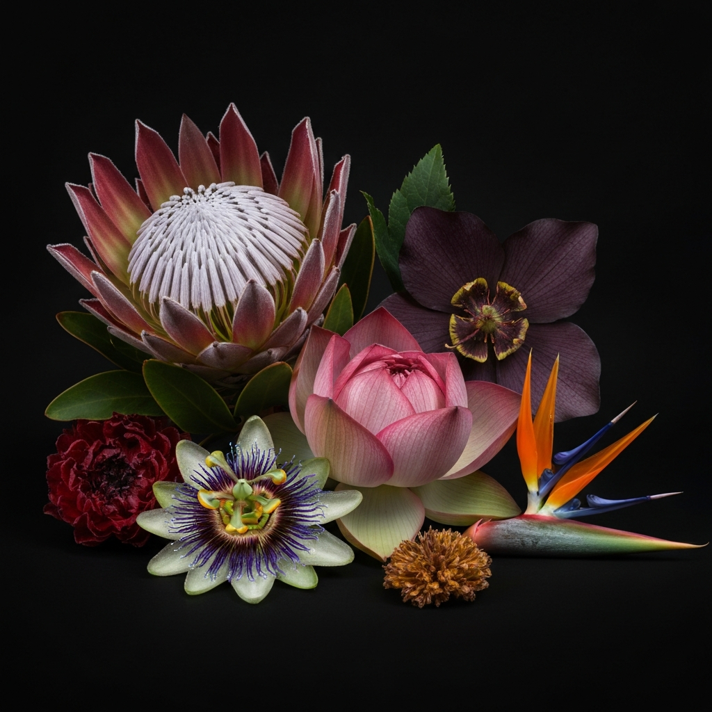 Collection of rare and exotic flowers including protea, hellebore, lotus, and bird of paradise