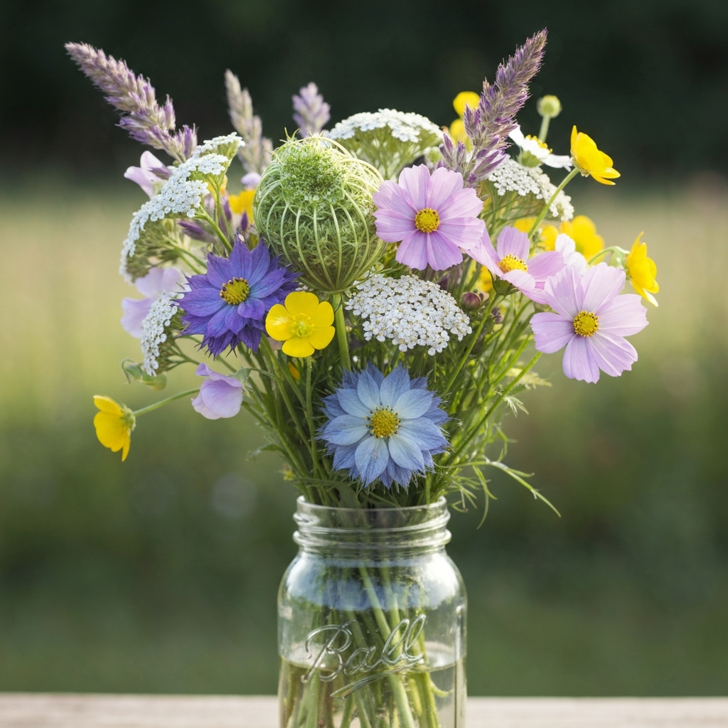 Beautiful wildflower bouquet with Queen Anne's lace, cosmos, yarrow, and sweet pea in a mason jar