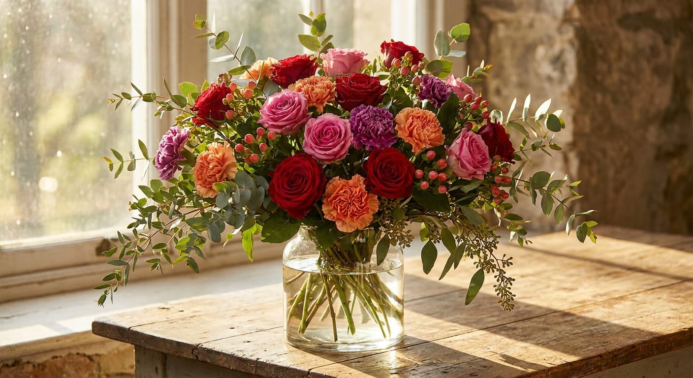 A luxurious, sprawling bouquet of vibrant carnations, roses, and assorted seasonal foliage arranged in a clear glass vase on a rustic wooden table, bathed in soft, warm afternoon sunlight, high-resolution editorial photography