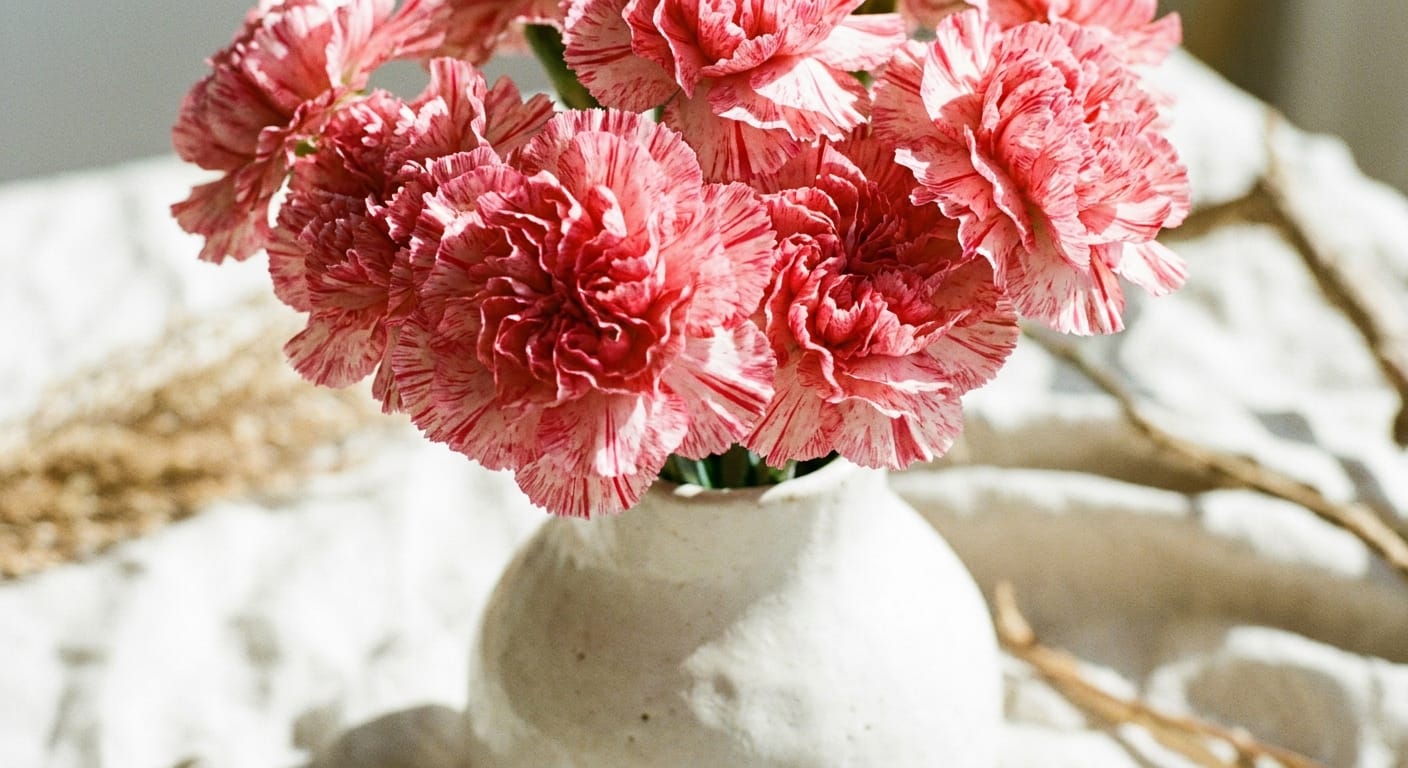 A close-up of ruffled, vibrant pink and white striped carnations in a minimalist ceramic vase, soft focus background, bright morning light, professional floral photography