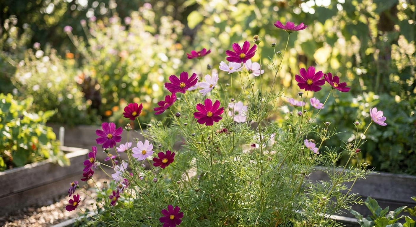A cluster of delicate, daisy-like cosmos flowers in shades of deep magenta and soft pink, captured in a sun-drenched garden setting, shallow depth of field, natural aesthetic