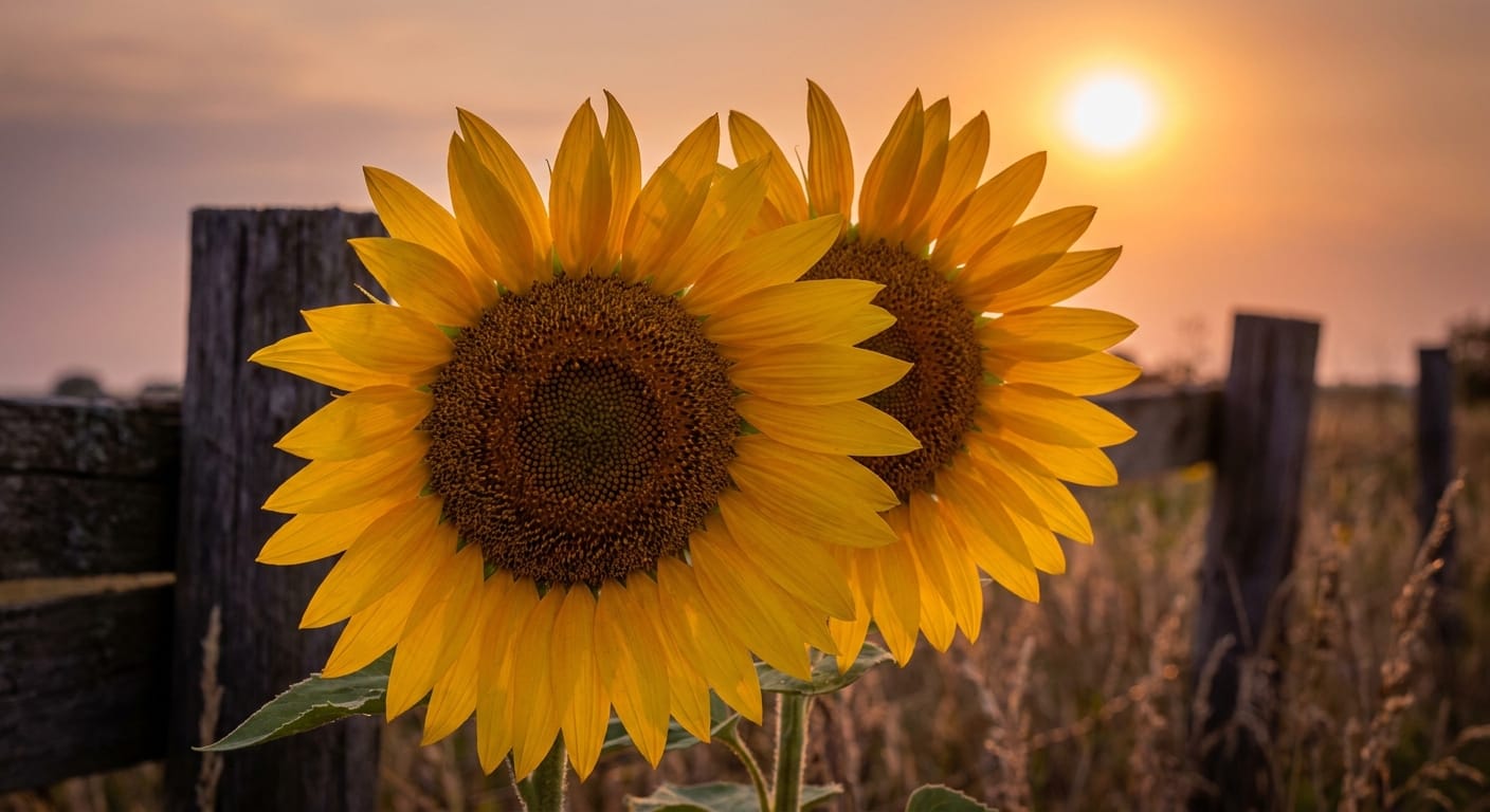 A vibrant, oversized sunflower head glowing in golden hour light, petals reaching toward the sun, rustic background, warm color palette, macro photography