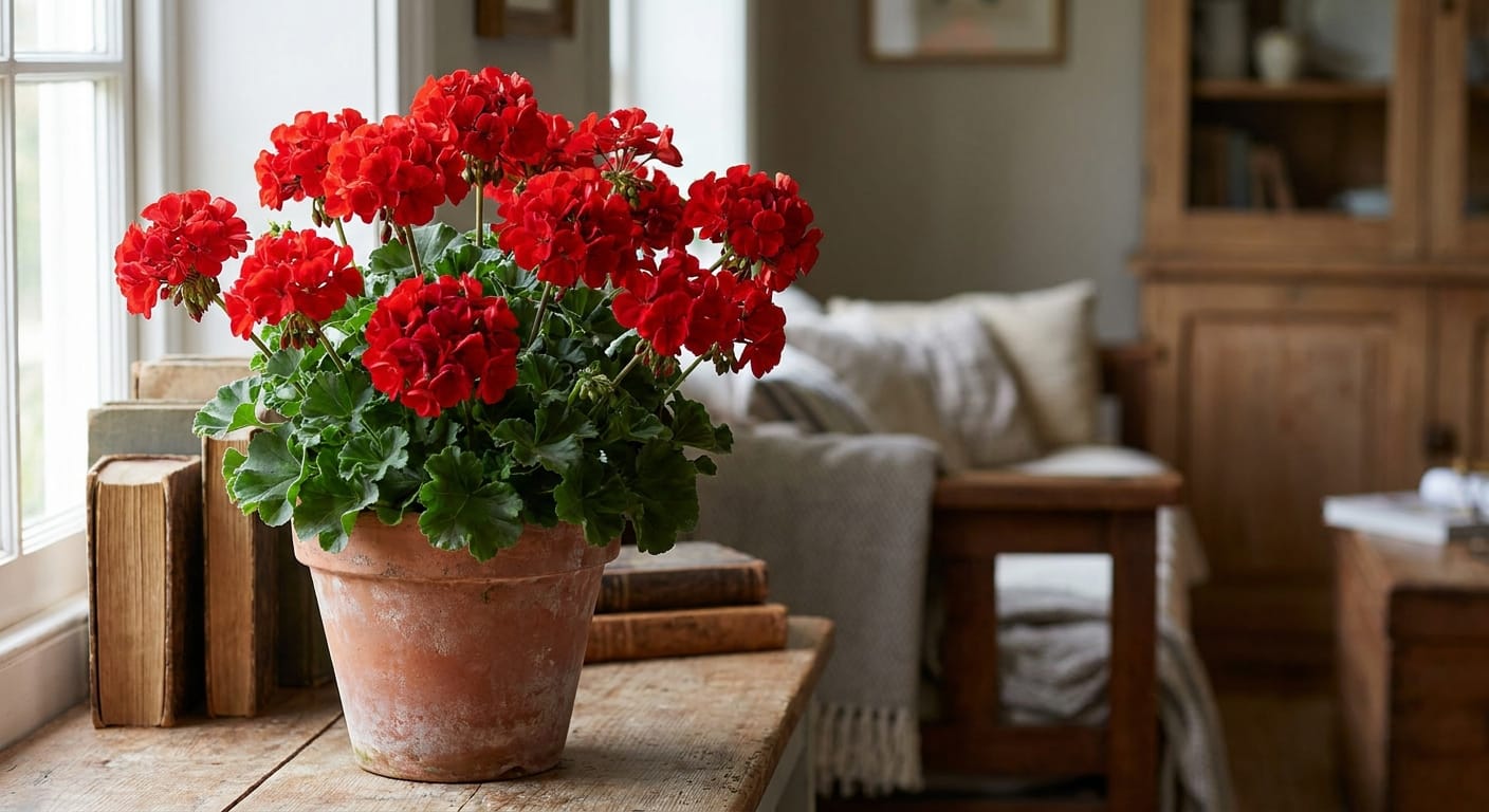 Intricate, clusters of bright red geraniums with lush green foliage, shot in a terracotta pot, soft window lighting, interior home setting, vibrant and cozy