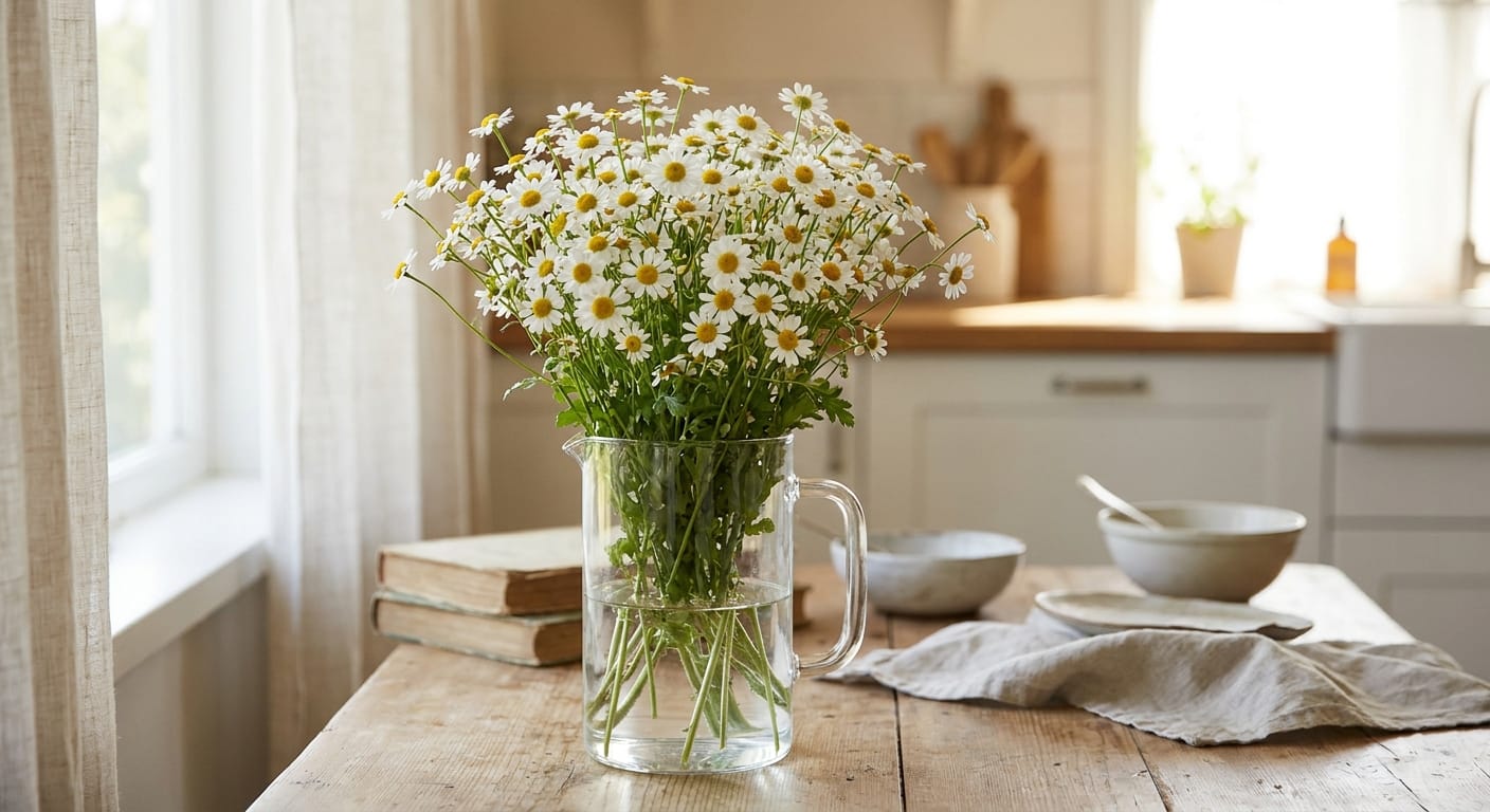 A bouquet of classic white daisies with bright yellow centers, arranged in a simple glass pitcher, soft daylight, airy and joyful composition, lifestyle photography