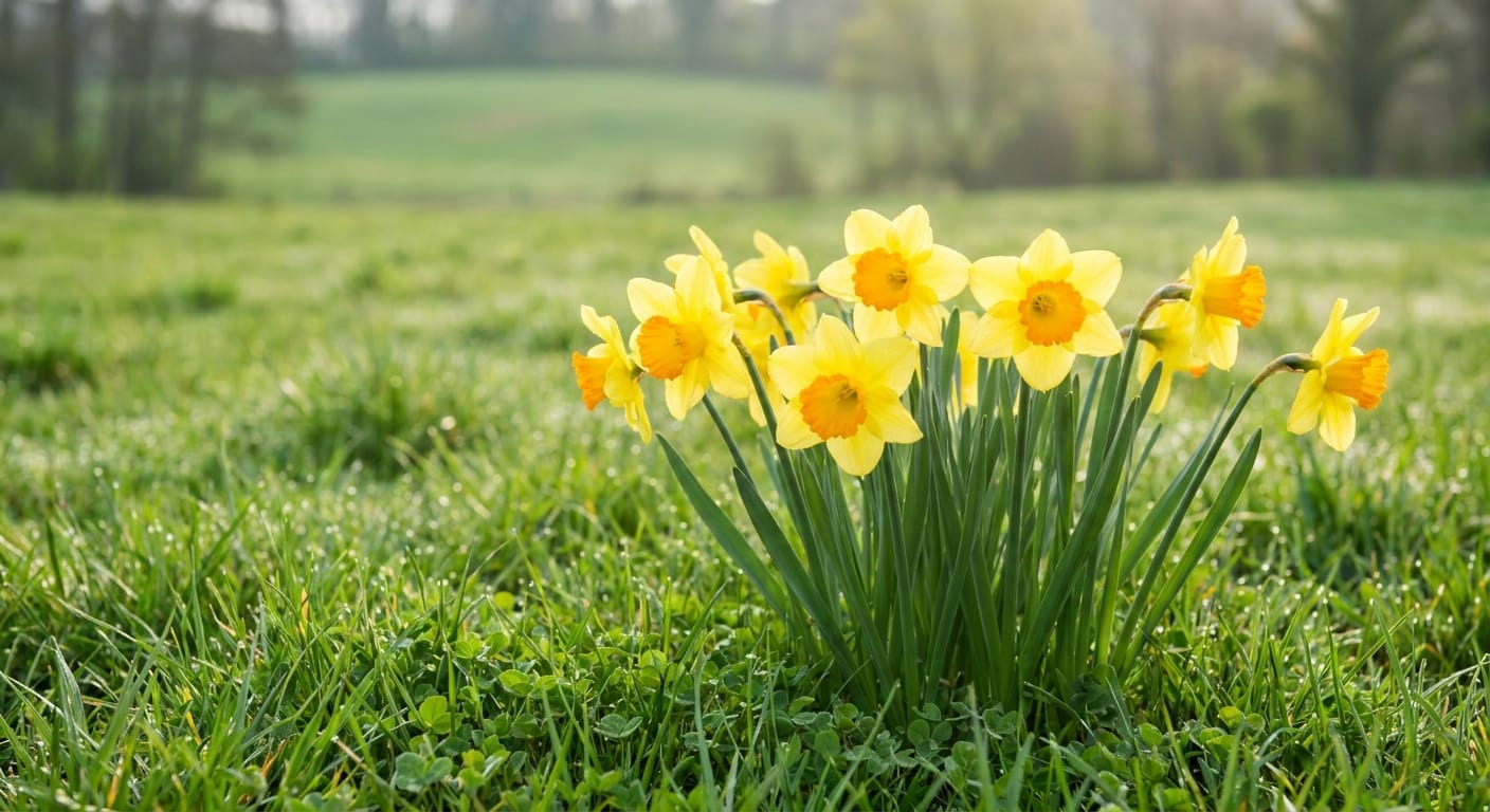 A bunch of bright, trumpet-shaped yellow daffodils emerging from a field of green, shot at eye-level, crisp spring light, cheerful and hopeful mood
