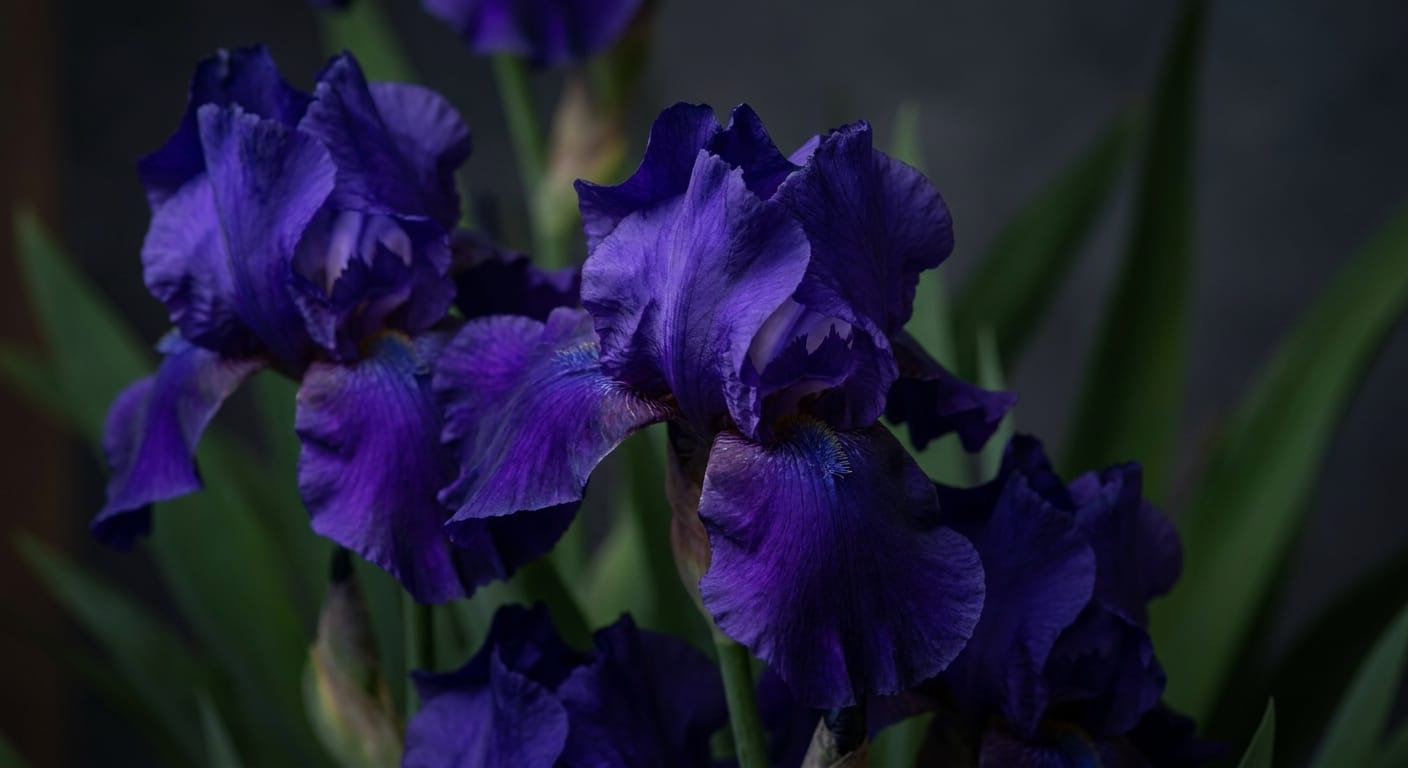 A close-up of deep purple and blue iris flowers with intricate velvet-like petals, soft studio lighting, elegant and regal atmosphere, fine art photography