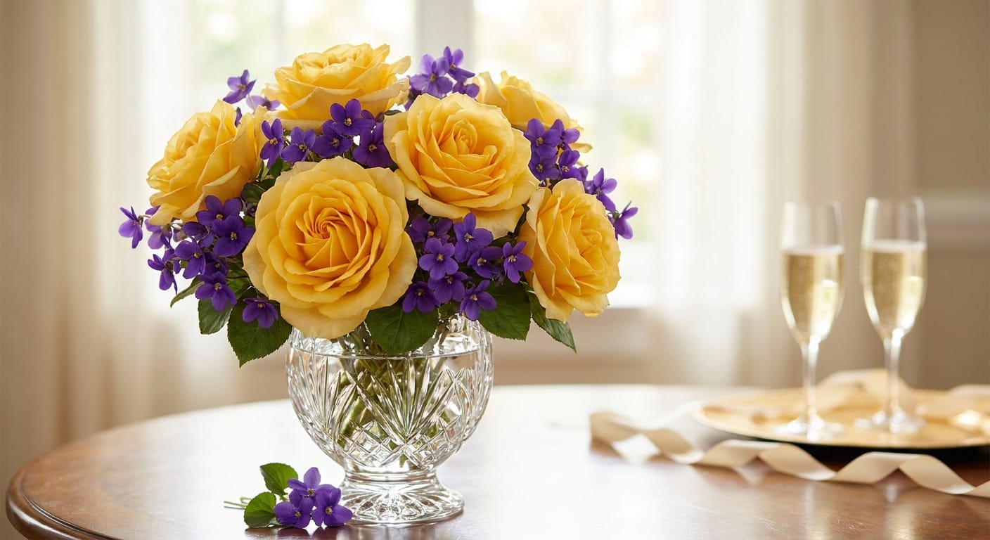 A luxurious bouquet featuring golden yellow roses and delicate purple violets, arranged in a classic crystal vase, soft, ethereal lighting, celebratory and romantic mood