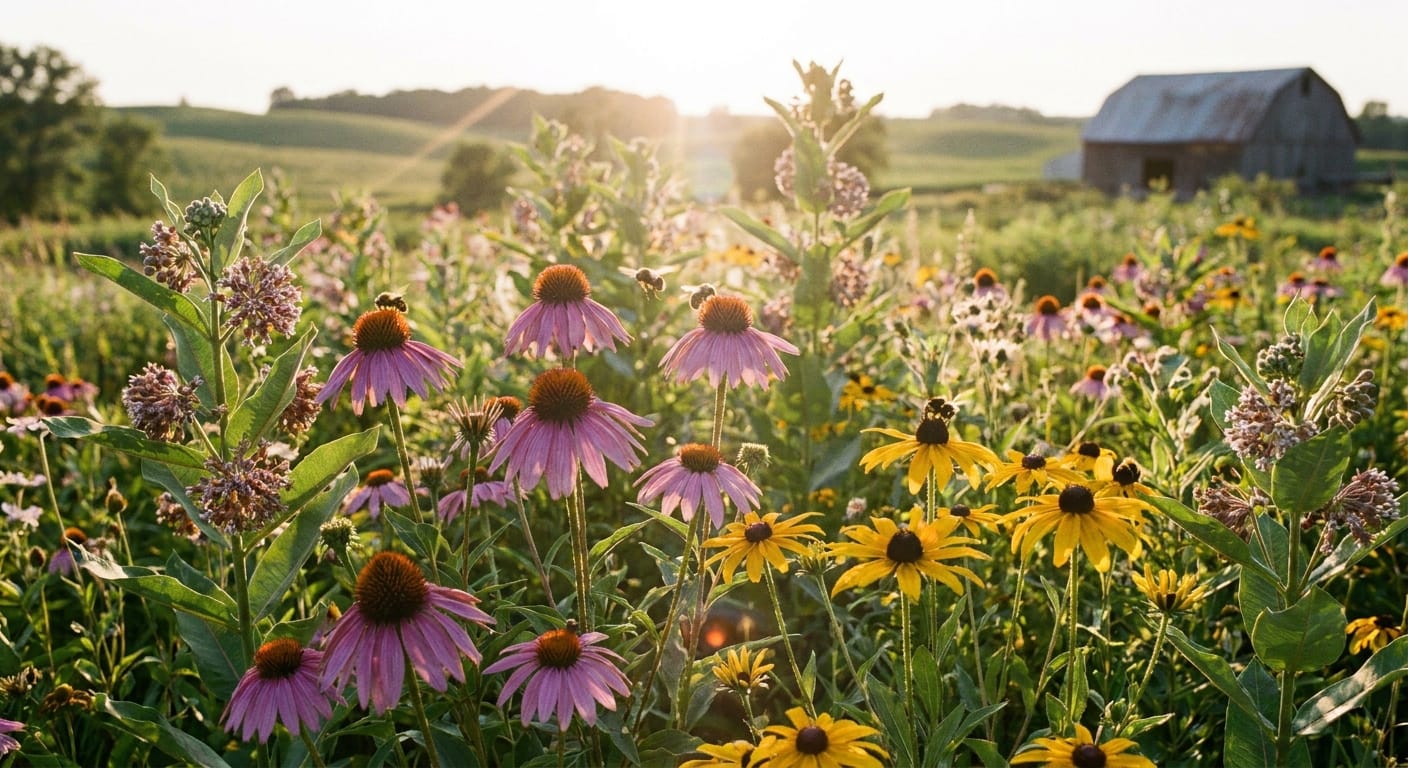 A vibrant, sun-drenched pollinator garden in the American Midwest, filled with diverse native wildflowers like purple coneflowers and black-eyed Susans, busy honeybees and bumblebees in flight, high-resolution, soft golden hour sunlight, professional nature photography
