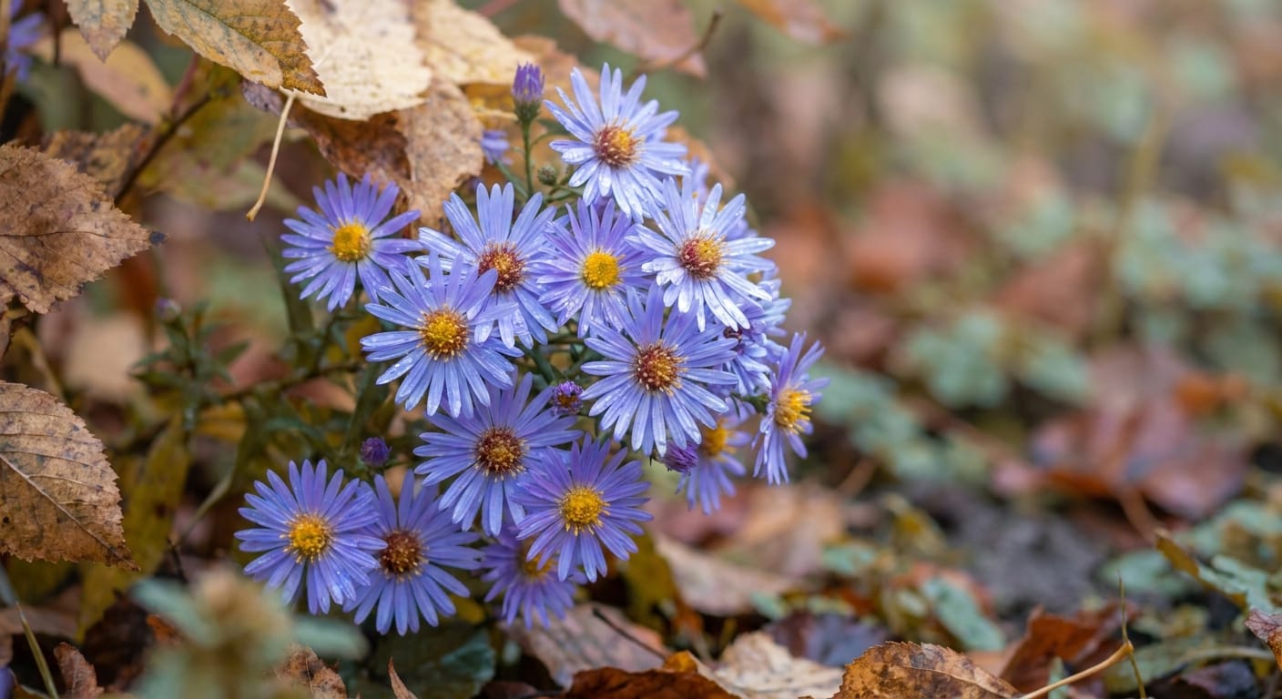 Delicate, daisy-like blue and purple asters with yellow centers, late autumn garden setting, soft moody lighting, high resolution, macro photography