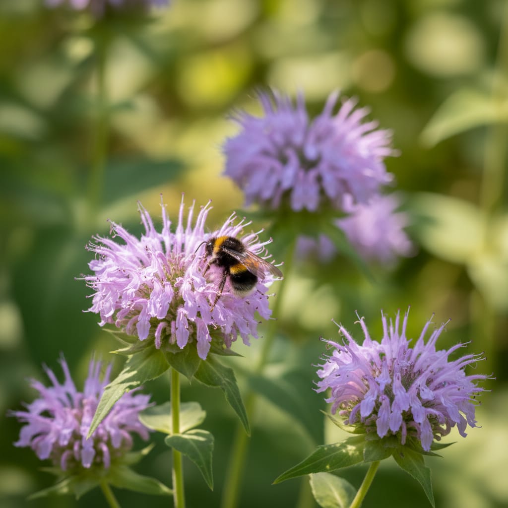 Soft, lavender-colored wild bergamot blooms, clustered in a naturalistic meadow, soft dappled sunlight, artistic garden photography, focus on nectar-seeking bee