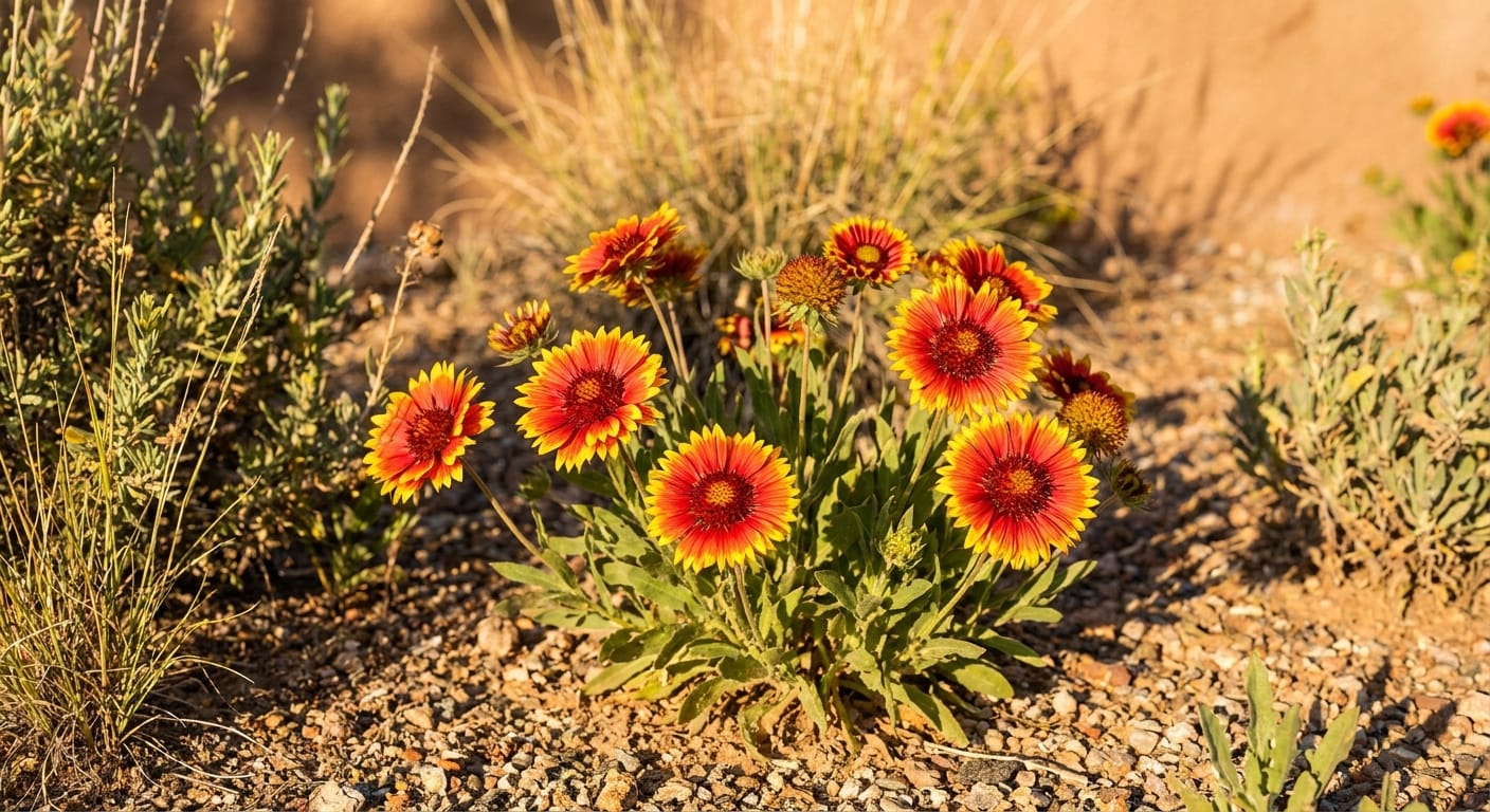 Vibrant red and yellow bicolored blanket flowers, captured in a sunny, dry garden bed, high contrast, warm summer lighting, professional botanical photography