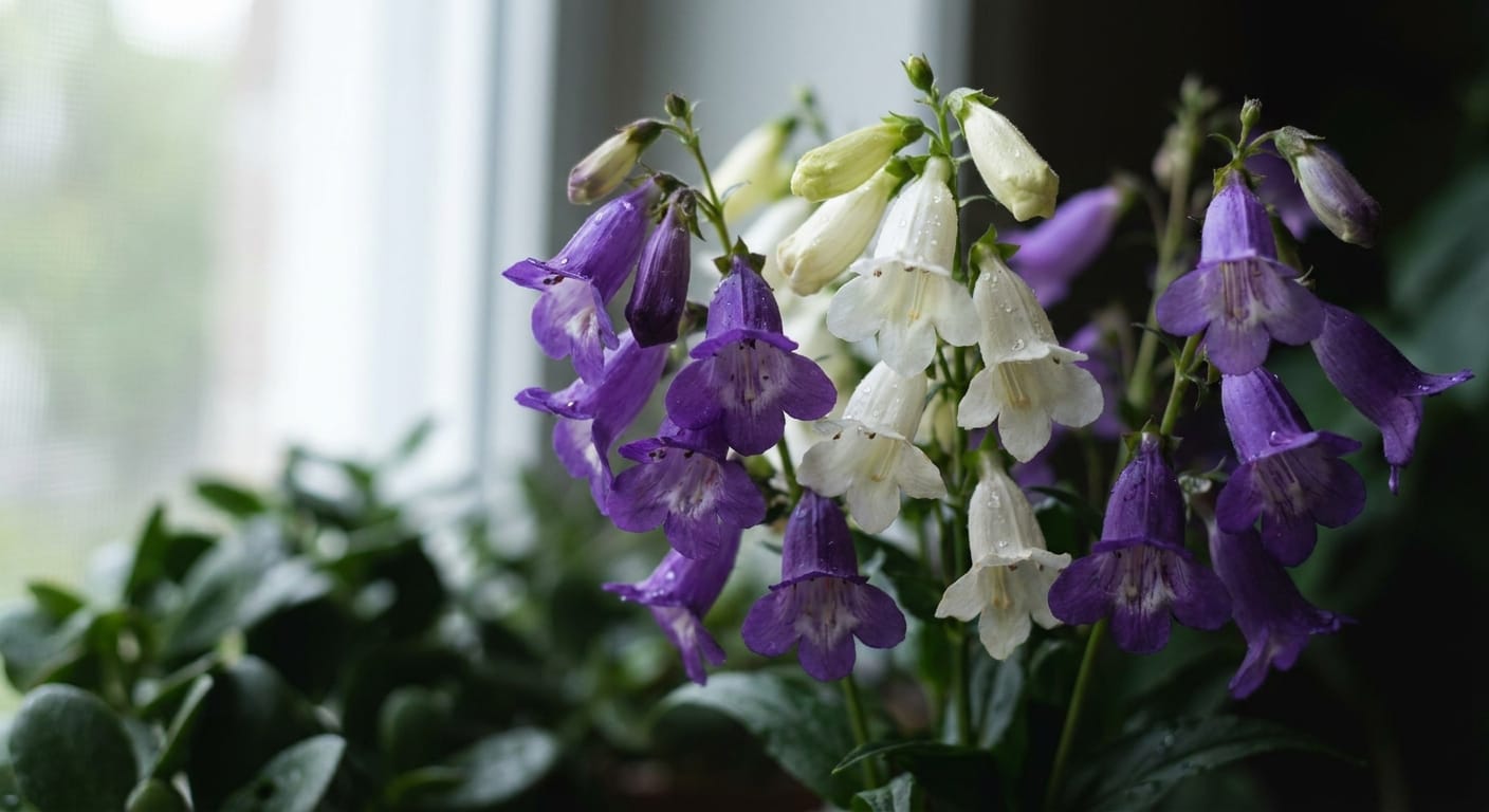Elegant, bell-shaped violet and white penstemon flowers, lush green foliage, soft window-like natural light, close-up shot, shallow depth of field