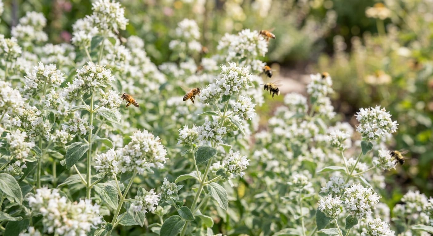 Small, clustered white mountain mint flowers, soft green leaves, bees buzzing around the blooms, garden setting, bright daylight, macro detail