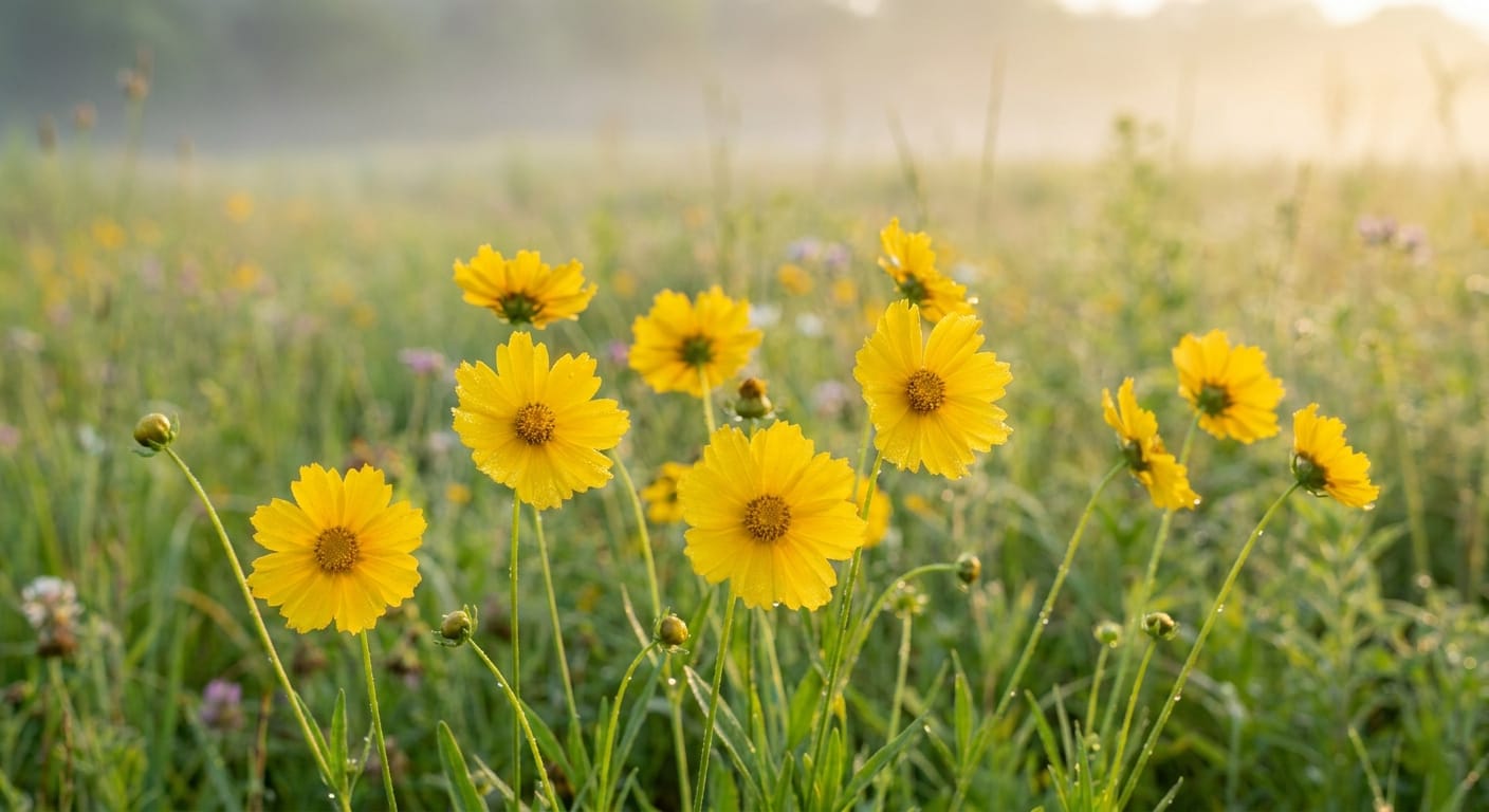 Bright, cheerful yellow coreopsis flowers, captured in a meadow, soft morning dew, clear focus, vibrant and airy garden photography